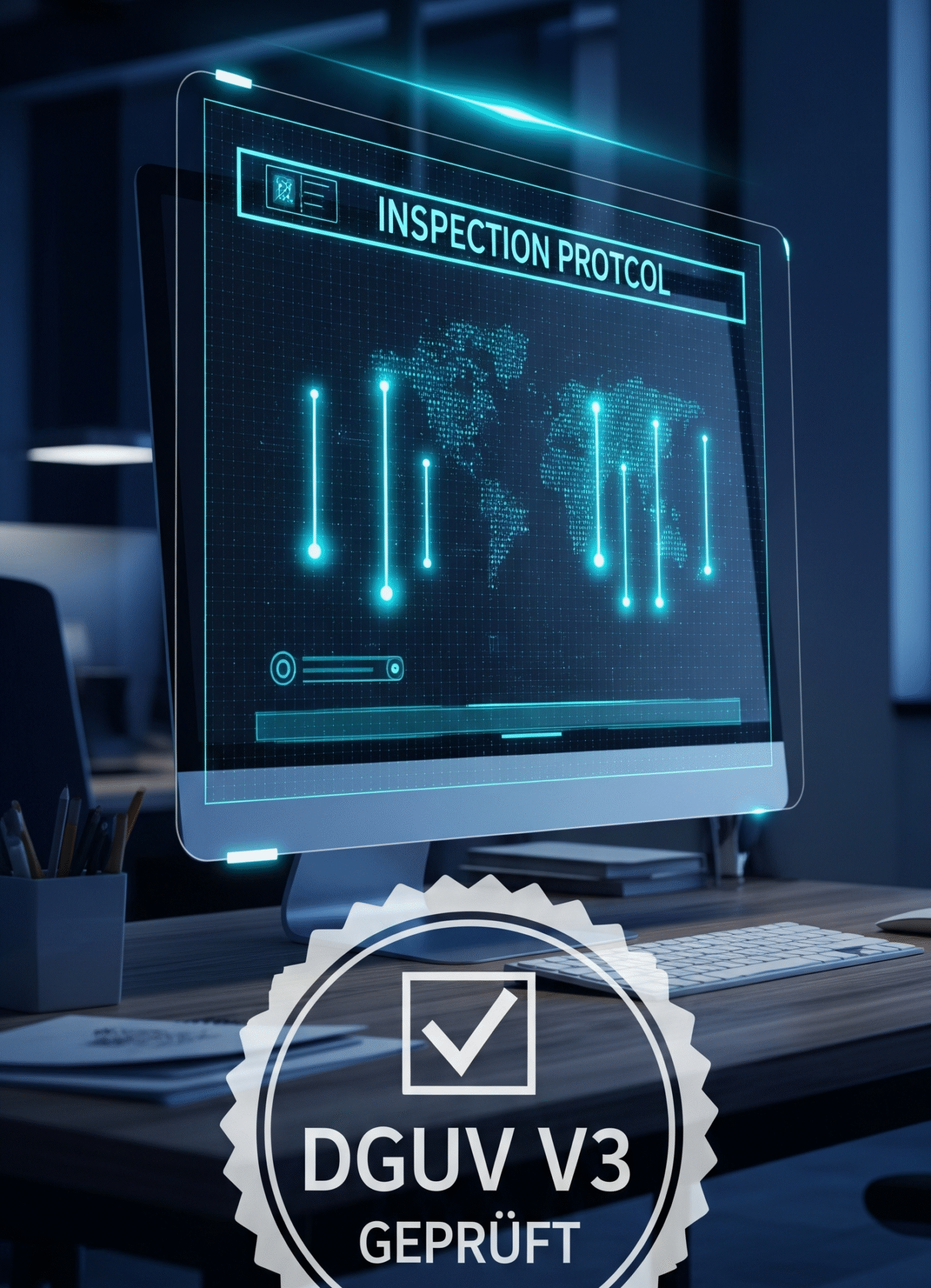 Ein Monitor an einem Arbeitsplatz zeigt ein digitales Inspektionsprotokoll. Davor schwebt ein Siegel mit dem Text 'DGUV V3 GEPRÜFT', das die erfolgreiche elektrische Sicherheitsprüfung von Geräten symbolisiert.
