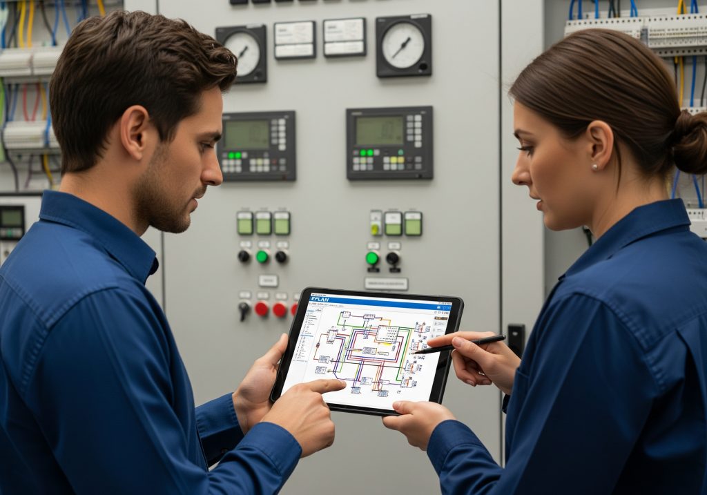 Zwei Techniker, ein Mann und eine Frau, besprechen einen digitalen EPLAN-Schaltplan auf einem Tablet, während sie vor einem industriellen Schaltschrank stehen.