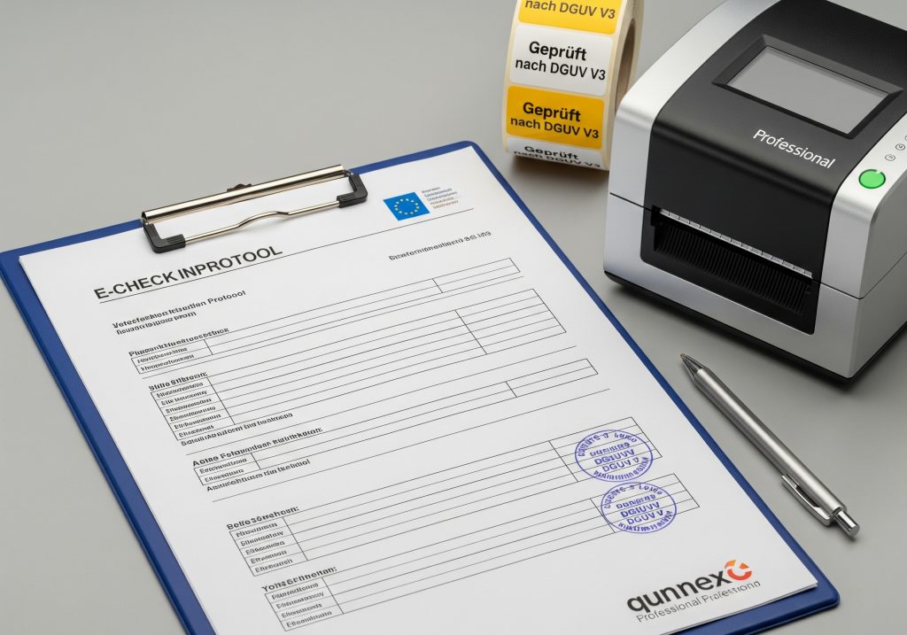 Ein E-Check Prüfprotokoll auf einem Klemmbrett, gestempelt mit DGUV Stempeln, liegt neben einem Etikettendrucker und einer Rolle 'Geprüft nach DGUV V3' Prüfplaketten.