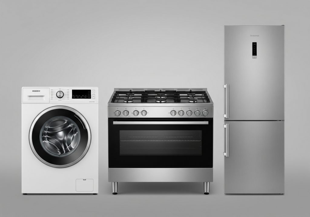 Eine Waschmaschine, ein Herd und ein Kühlschrank stehen nebeneinander als Symbol für Haushaltsgroßgeräte, die einen fachgerechten elektrischen Anschluss erfordern.