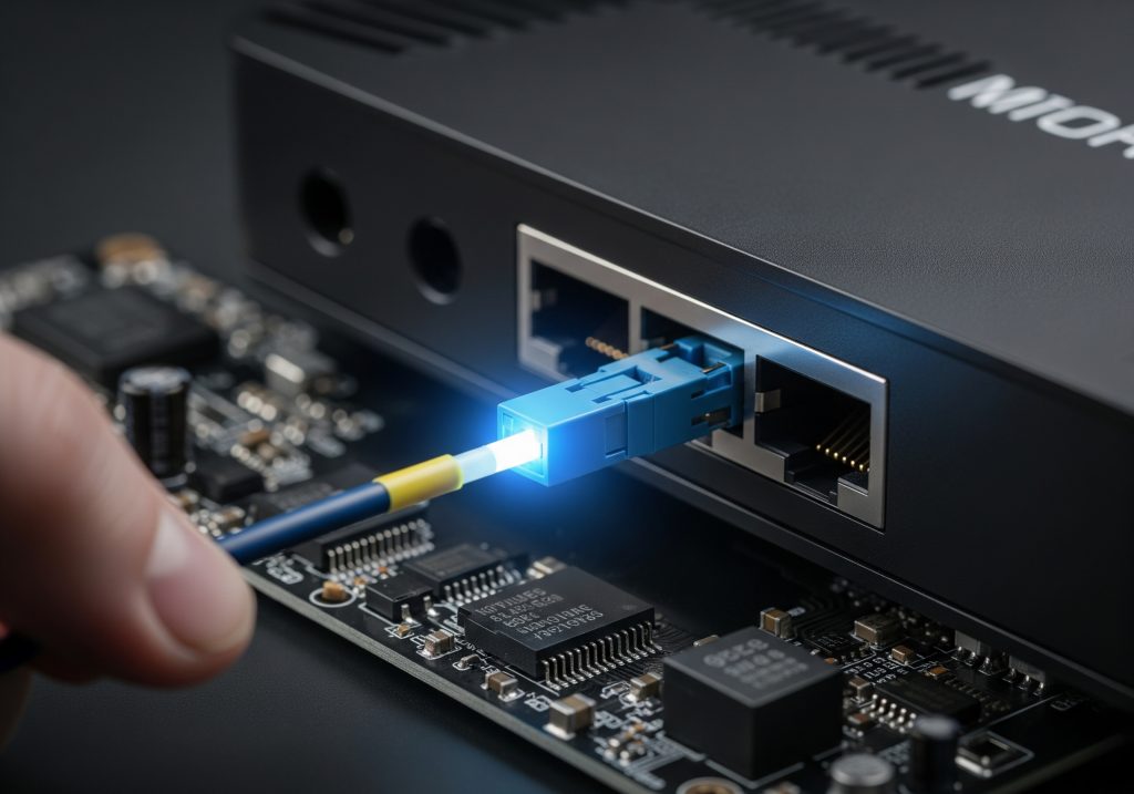 Eine Hand steckt ein leuchtendes Glasfaserkabel (Lichtwellenleiter) mit einem blauen Stecker in den SFP-Port eines schwarzen Netzwerkgeräts. Im Vordergrund ist eine Platine sichtbar.