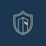 Ein stilisiertes Icon, das ein modernes Gebäude oder Haus innerhalb eines schützenden Schildes zeigt. Es symbolisiert Gebäudesicherheit, Objektschutz oder Einbruchschutz.