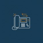 Ein stilisiertes Icon eines Bürotelefons oder Systemtelefons auf dunklem Hintergrund. Orangefarbene Pfeile und Linien symbolisieren ein eingehendes/ausgehendes Gespräch und Datenübertragung.