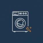 Ein Strichlinien-Icon einer Waschmaschine mit einem orangefarbenen Schraubenschlüssel und einem Pluszeichen daneben, das Installations-, Wartungs- oder Reparaturservice für Haushaltsgeräte symbolisiert.