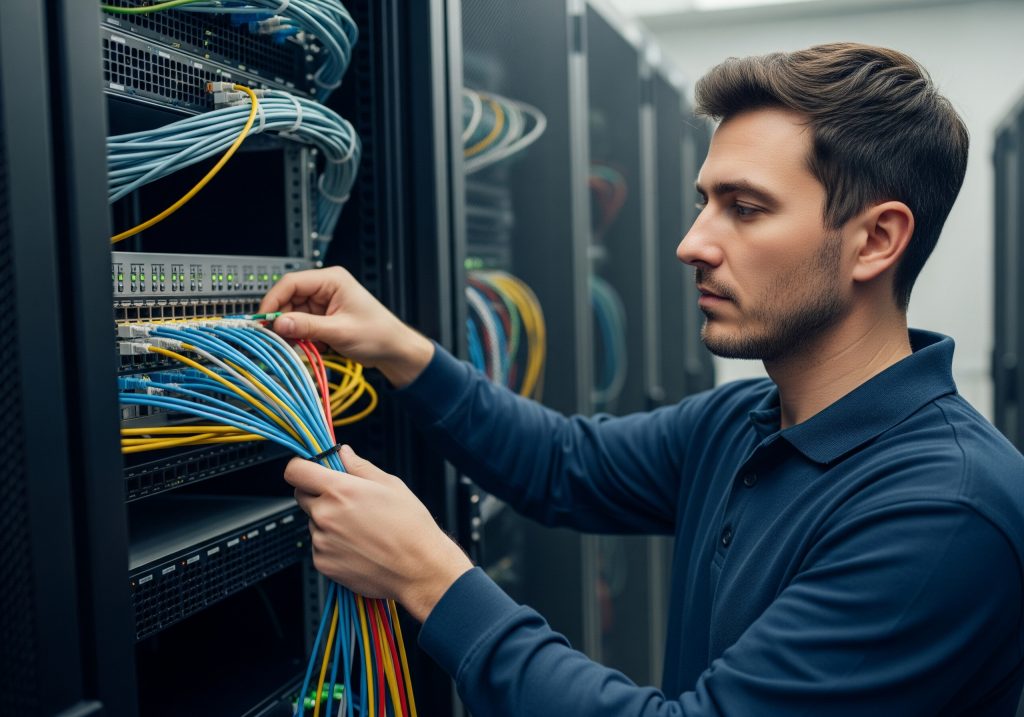 Nahaufnahme eines Netzwerktechnikers im Profil, der konzentriert ein Bündel blauer und gelber Patchkabel in einen Netzwerk-Switch in einem Server-Rack steckt.