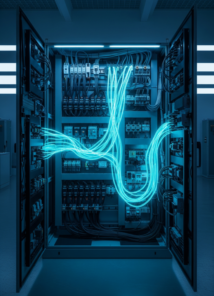 Ein offener, modern beleuchteter Schaltschrank oder Serverschrank, der komplexe Verkabelungen, Sicherungen und Steuerelemente zeigt. Leuchtend blaue Kabel in der Mitte symbolisieren den Daten- oder Energiefluss und repräsentieren moderne Elektrotechnik und Gebäudesteuerung.