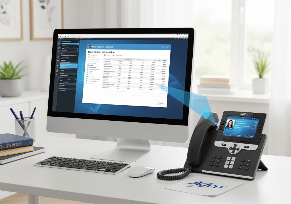 Ein Agfeo Systemtelefon auf einem Schreibtisch, das per CTI-Integration mit einem Computermonitor verbunden ist. Das Telefon zeigt einen Anruf an, während der PC relevante Daten anzeigt.