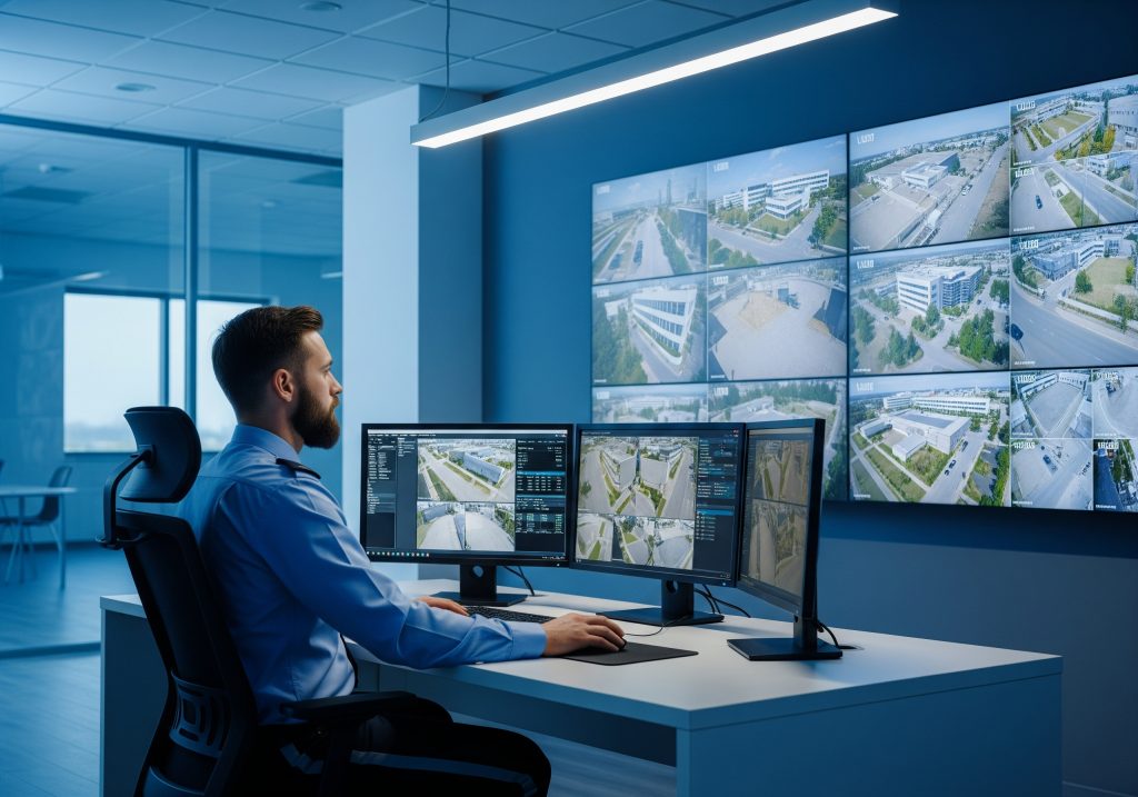 Ein Sicherheitsmitarbeiter sitzt in einer Leitstelle vor mehreren Monitoren und überwacht Videoströme von Überwachungskameras auf einer großen Videowand.