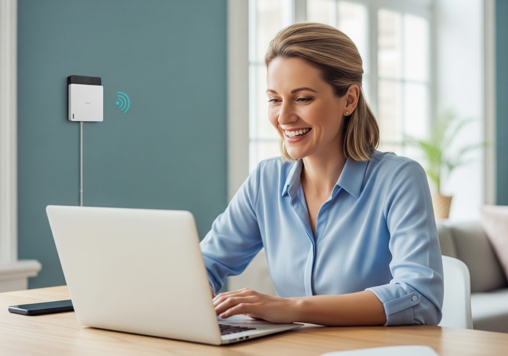 Eine lächelnde Frau arbeitet an einem Laptop in ihrem Home Office, während ein professionell an der Wand installierter WLAN-Access-Point ein starkes Signal sendet.