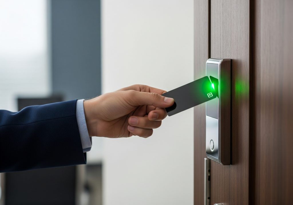 Eine Hand im Anzug hält eine schwarze Schlüsselkarte (Keycard) an ein digitales Türschloss. Das Lesegerät leuchtet grün und signalisiert den gewährten Zutritt zu einem Büroraum.